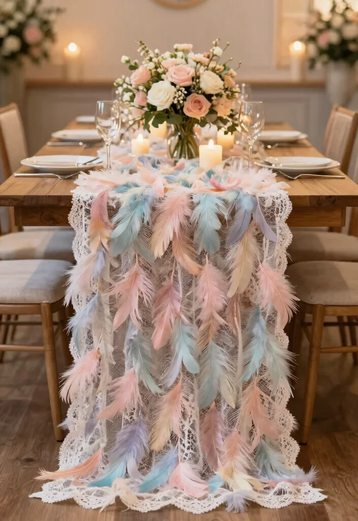 16 Feather Wedding Decorations Ideas That Feel Soft & Glam - 10. Feathered Table Runners for Elegance 1