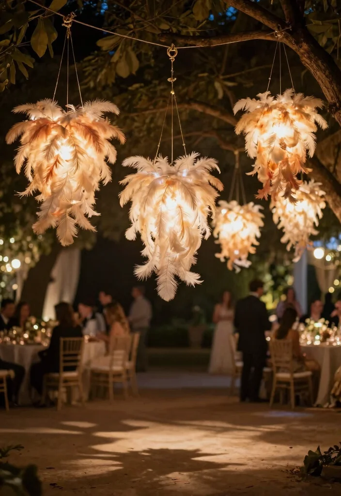 16 Feather Wedding Decorations Ideas That Feel Soft & Glam - 11. Feathered Lanterns for Ambient Glow 1
