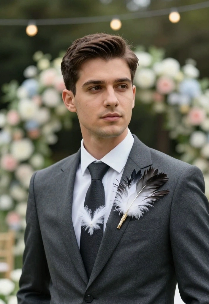 16 Feather Wedding Decorations Ideas That Feel Soft & Glam - 12. Feather Details for Groom Attire 1