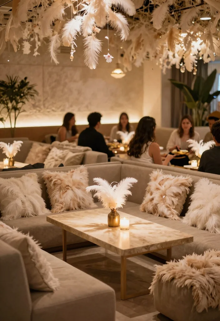 16 Feather Wedding Decorations Ideas That Feel Soft & Glam - 14. Feather Decor in Reception Lounges 1
