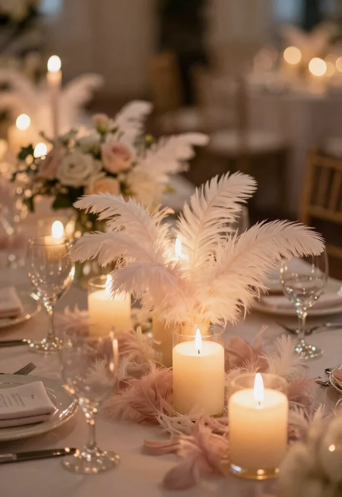16 Feather Wedding Decorations Ideas That Feel Soft & Glam - 15. Feathered Candles for Enhanced Atmosphere 1