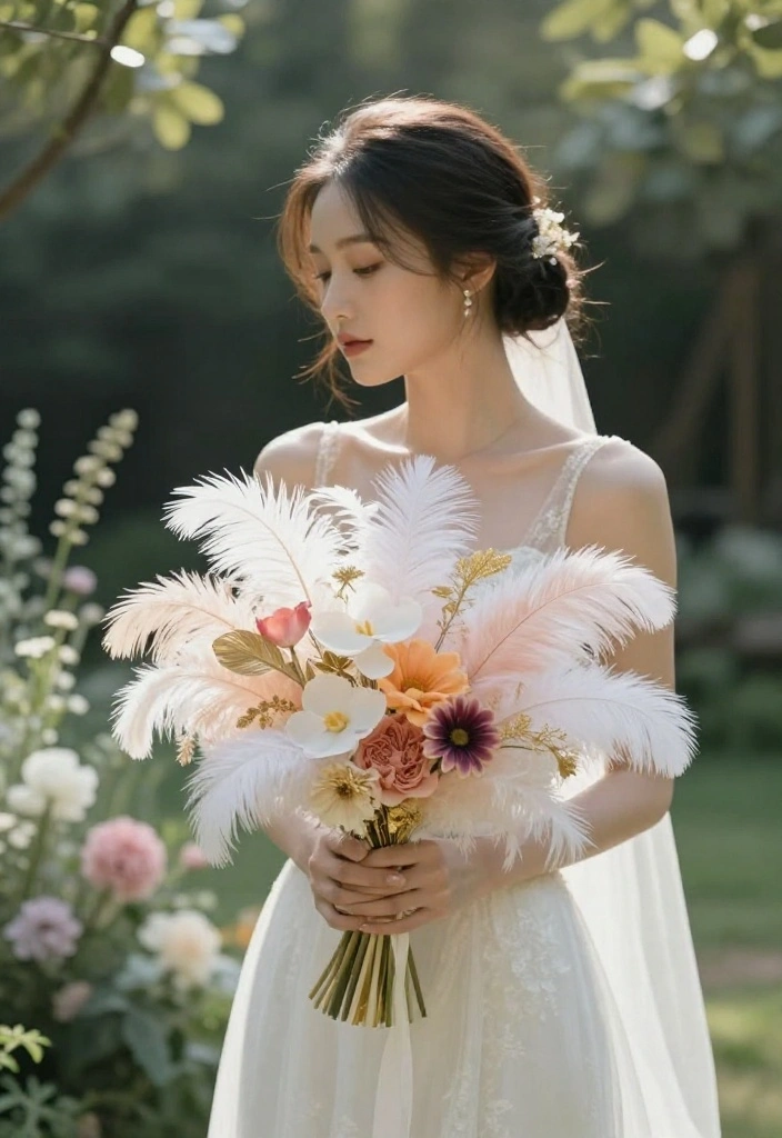 16 Feather Wedding Decorations Ideas That Feel Soft & Glam - 2. Feather Bouquets for the Bold Bride 1