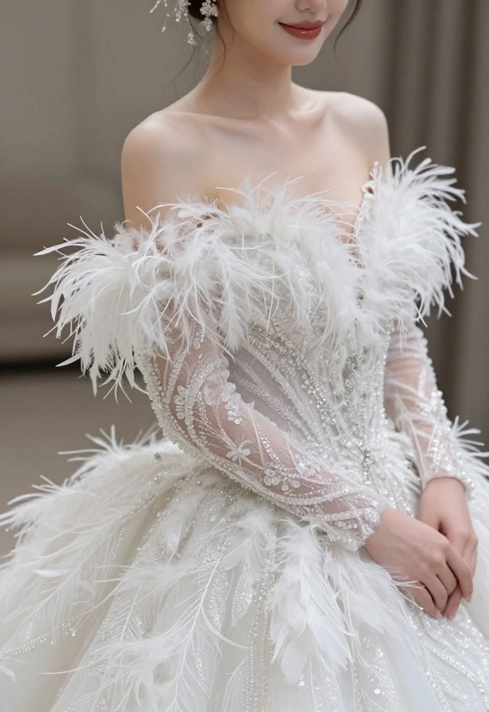 16 Feather Wedding Decorations Ideas That Feel Soft & Glam - 3. Feather Accents on the Bridal Attire 1