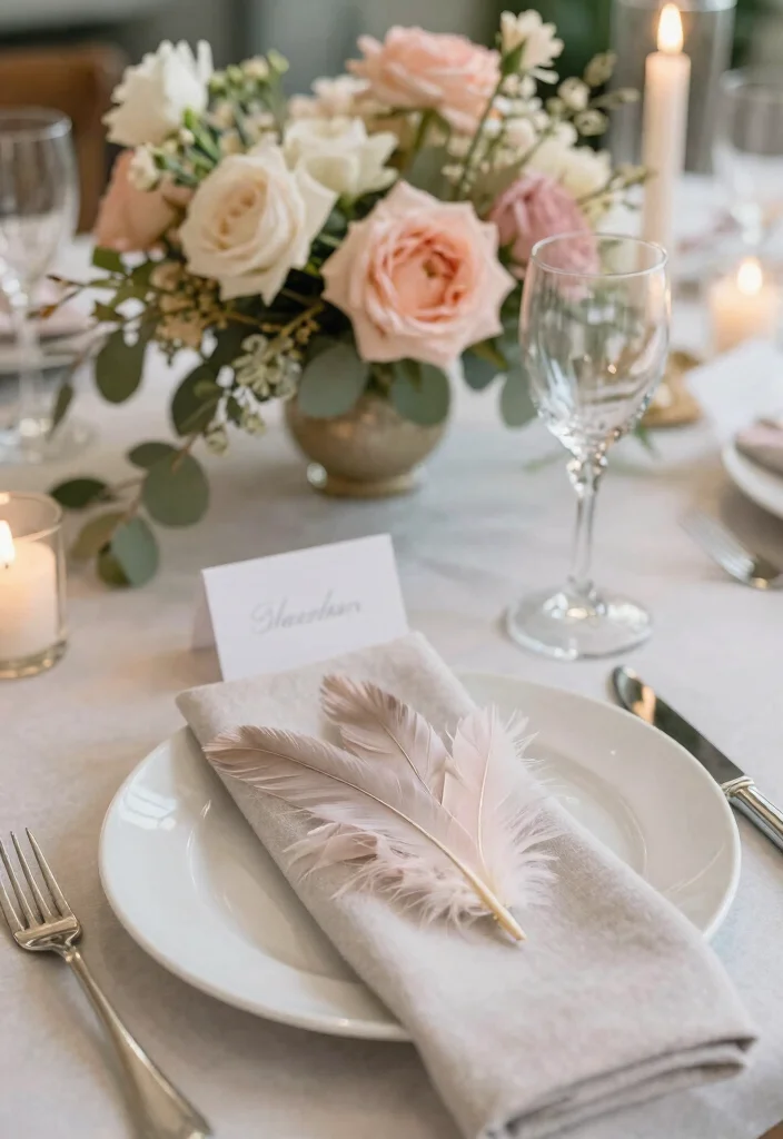 16 Feather Wedding Decorations Ideas That Feel Soft & Glam - 5. Feather-adorned Place Settings 1