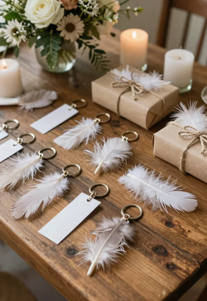 16 Feather Wedding Decorations Ideas That Feel Soft & Glam - 7. Feather-Inspired Wedding Favors 1