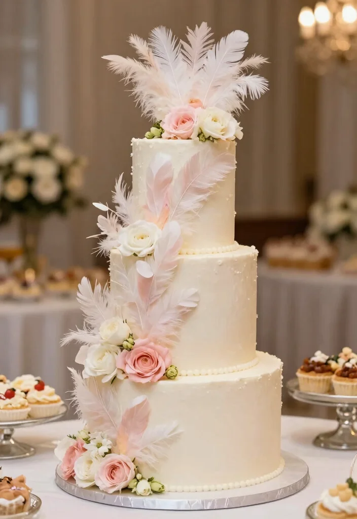 16 Feather Wedding Decorations Ideas That Feel Soft & Glam - 8. Feather Accents on Cakes 1