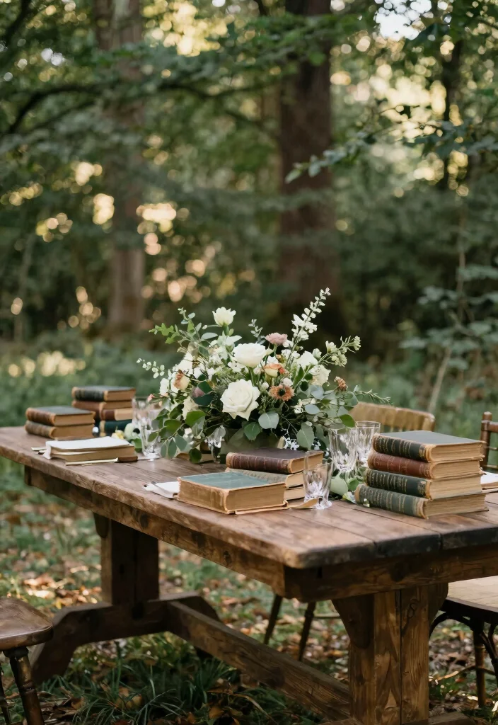 16 Forest Wedding Table Ideas That Feel Enchanted - 16. Vintage Books as Decor 1