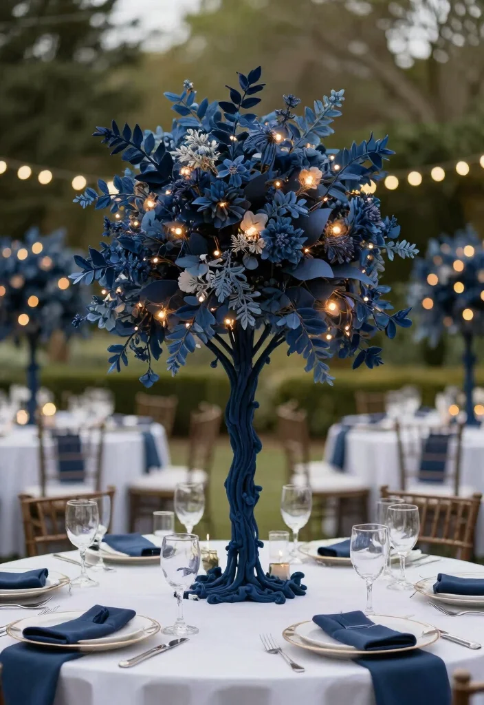 16 Navy Blue Wedding Table Settings Ideas With Classic Elegance - 10. Navy Blue Table Trees 1