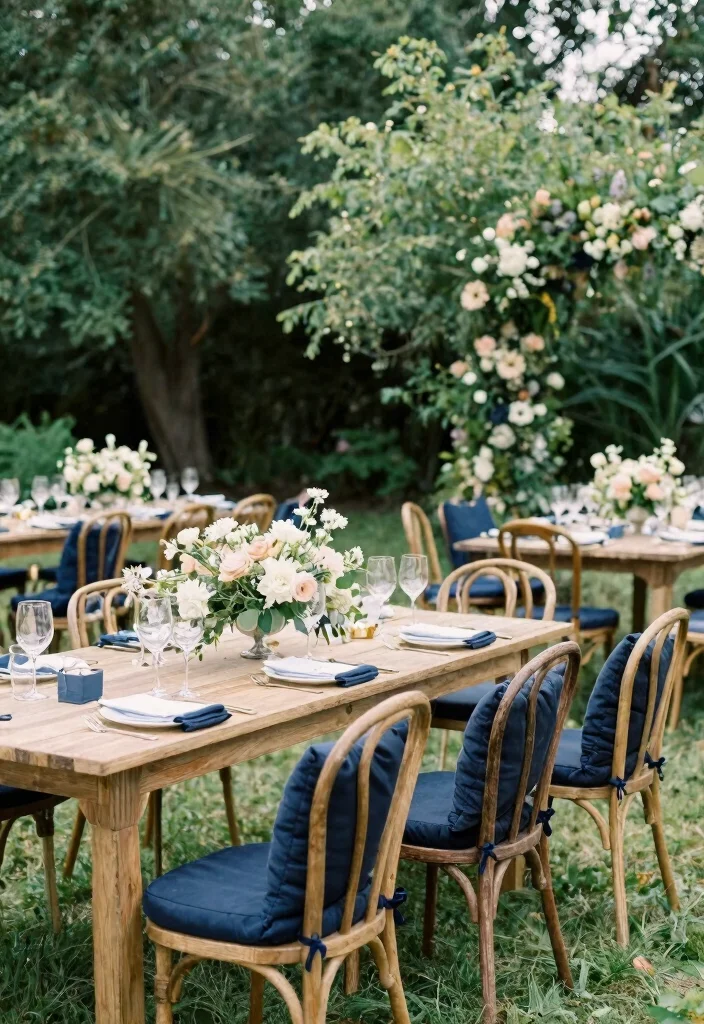 16 Navy Blue Wedding Table Settings Ideas With Classic Elegance - 11. Navy Seating Accents 1