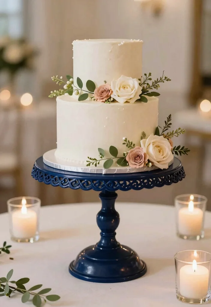 16 Navy Blue Wedding Table Settings Ideas With Classic Elegance - 13. Navy Blue Cake Stand 1