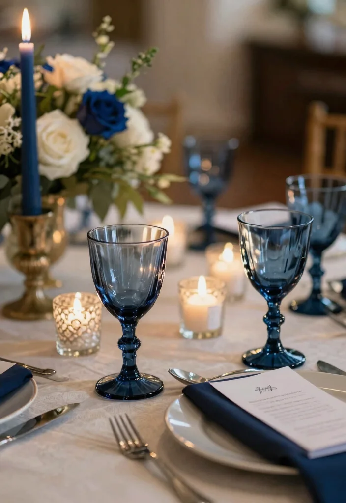 16 Navy Blue Wedding Table Settings Ideas With Classic Elegance - 14. Navy Blue Glass Accents 1