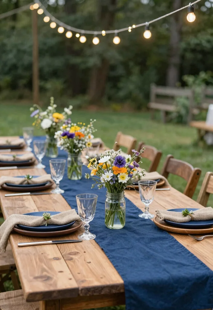 16 Navy Blue Wedding Table Settings Ideas With Classic Elegance - 2. Rustic Navy and Wood Theme 1