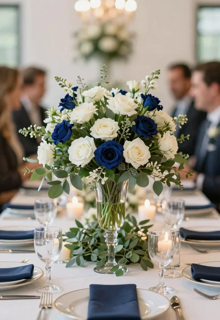 16 Navy Blue Wedding Table Settings Ideas With Classic Elegance - 3. Navy Blue Floral Centerpieces 1