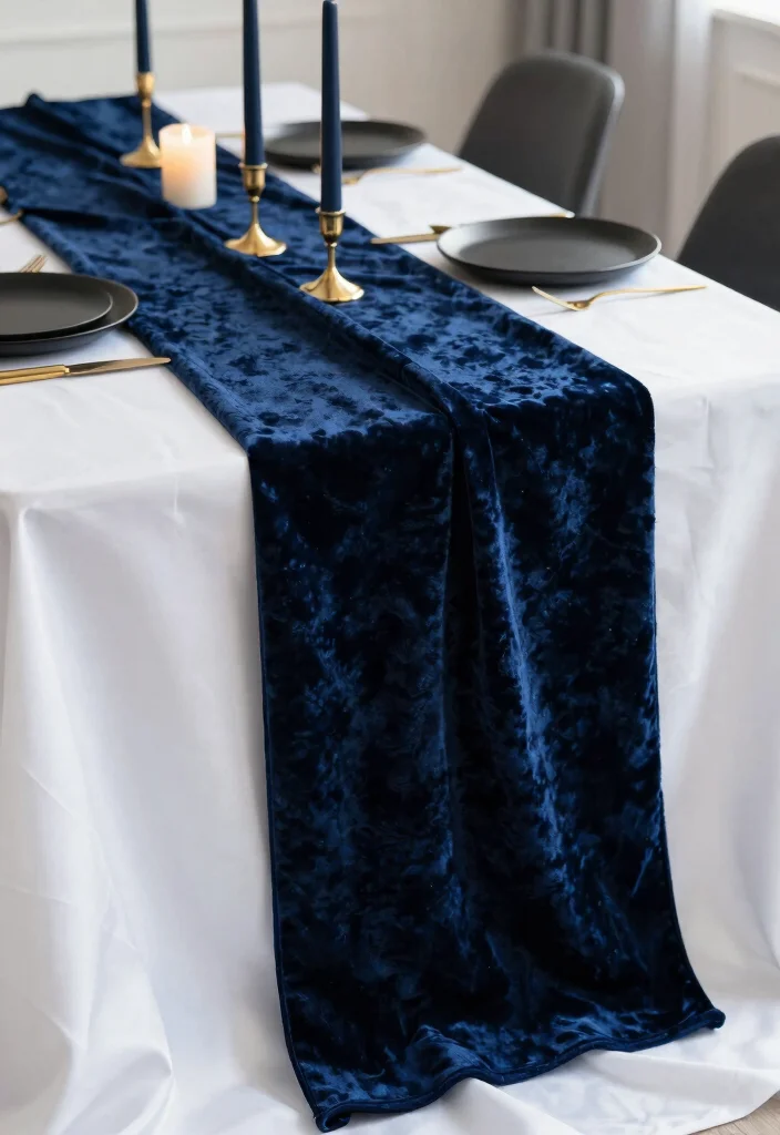 16 Navy Blue Wedding Table Settings Ideas With Classic Elegance - 4. Navy Velvet Table Runners 1