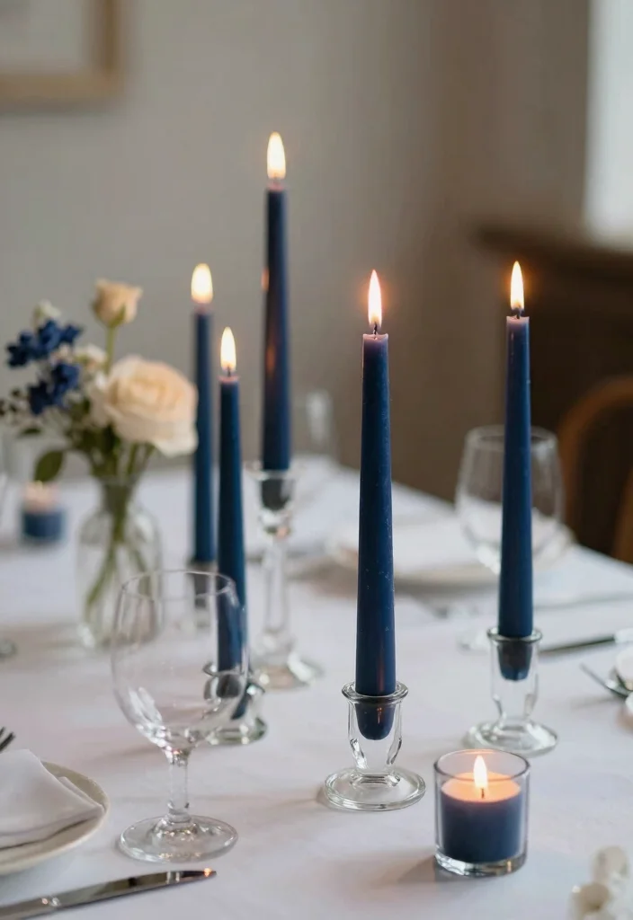 16 Navy Blue Wedding Table Settings Ideas With Classic Elegance - 5. Navy Taper Candles 1