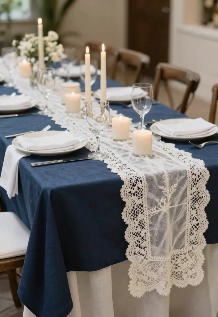 16 Navy Blue Wedding Table Settings Ideas With Classic Elegance - 8. Navy and Ivory Linen Mix 1
