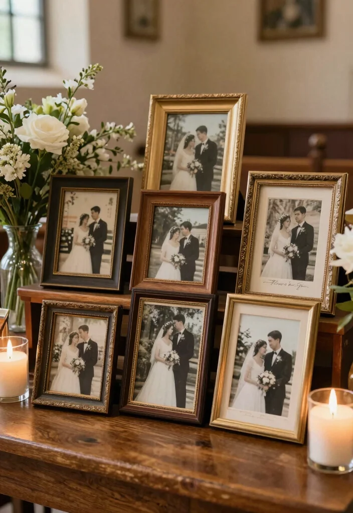 16 Rustic Church Wedding Decorations Ideas With Cozy Charm - 10. Vintage Photo Displays 1