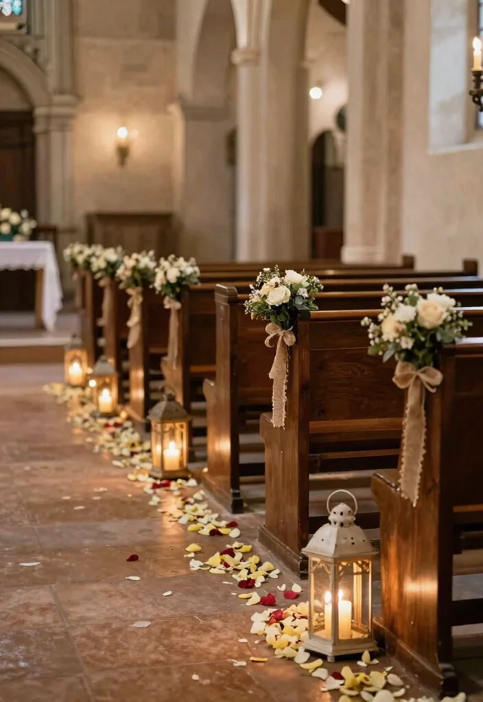 16 Rustic Church Wedding Decorations Ideas With Cozy Charm - 12. Charming Aisle Decor 1