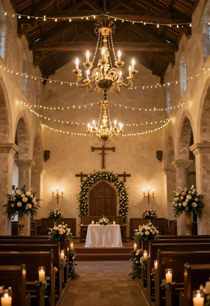 16 Rustic Church Wedding Decorations Ideas With Cozy Charm - 13. Elegant Lighting Fixtures 1