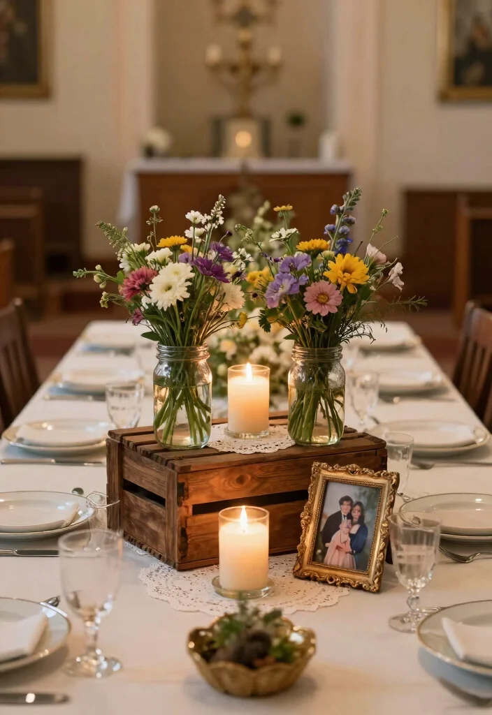 16 Rustic Church Wedding Decorations Ideas With Cozy Charm - 4. Vintage Table Centerpieces 1