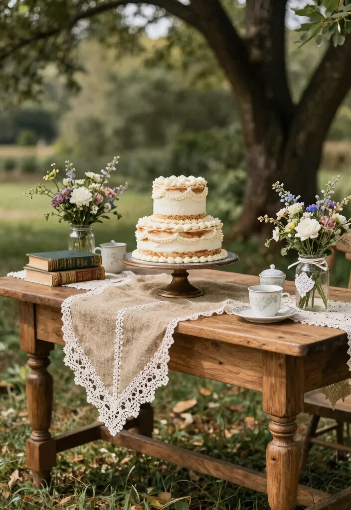 16 Vintage Wedding Cake Table Ideas With Timeless Charm - 1. Rustic Wooden Farmhouse Table 1