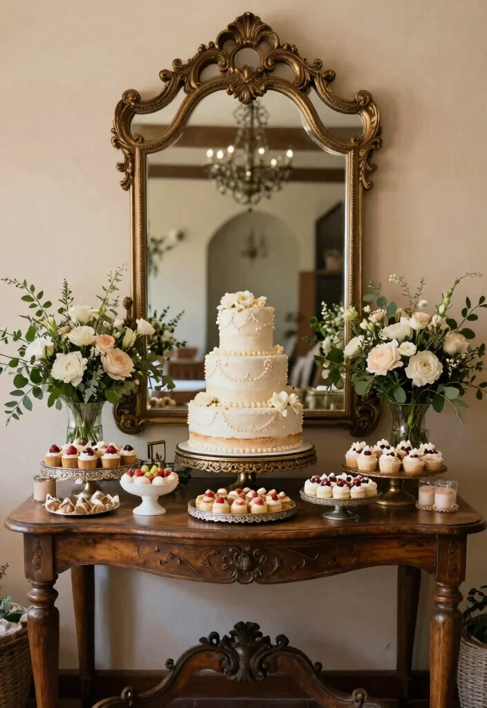 16 Vintage Wedding Cake Table Ideas With Timeless Charm - 11. Vintage Mirror Backdrop 1