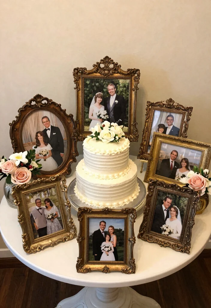 16 Vintage Wedding Cake Table Ideas With Timeless Charm - 16. Vintage Photo Display 1