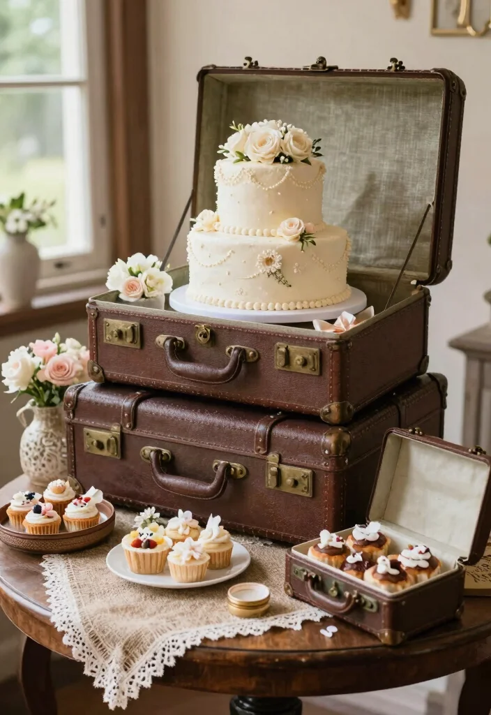 16 Vintage Wedding Cake Table Ideas With Timeless Charm - 5. Vintage Suitcases as Decor 1