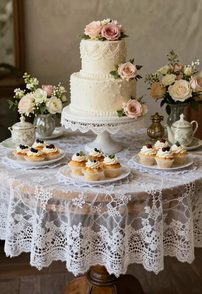 16 Vintage Wedding Cake Table Ideas With Timeless Charm - 6. Vintage Lace Accents 1