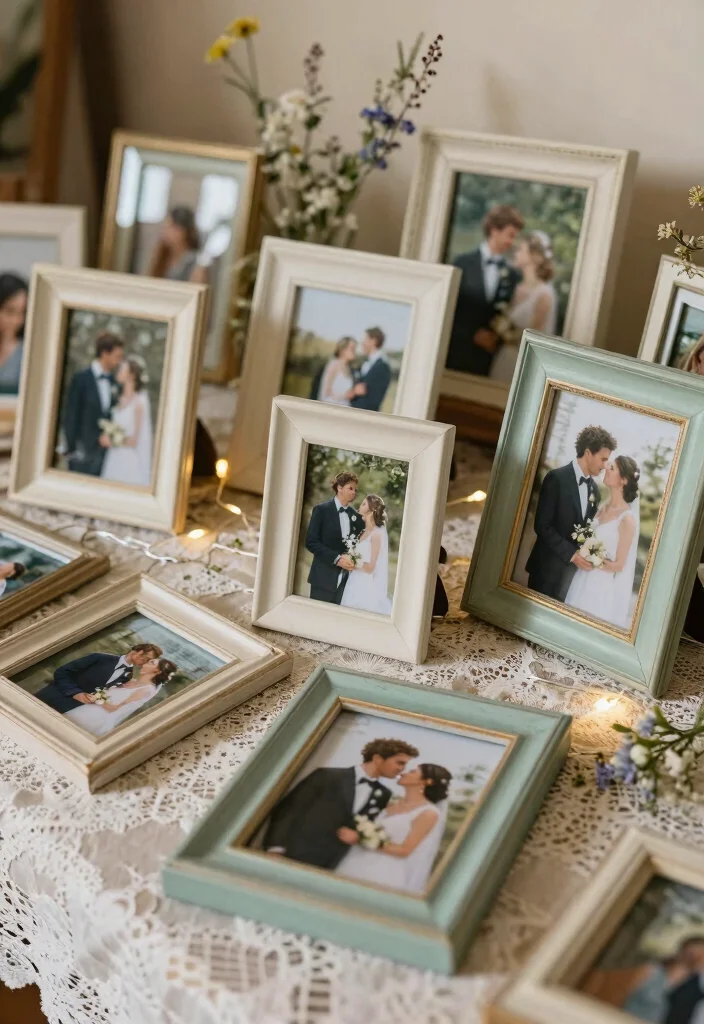 16 Wedding Photo Table Display Ideas Full of Memories - 1. Vintage Frame Collage 1