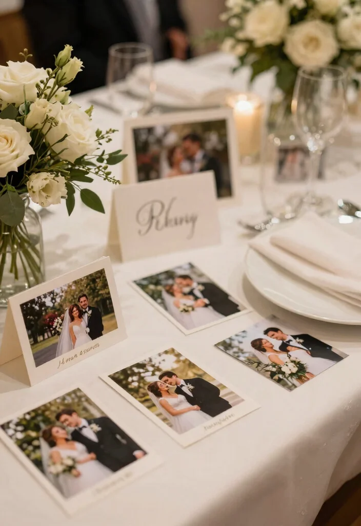 16 Wedding Photo Table Display Ideas Full of Memories - 10. Photo Table Cards 1