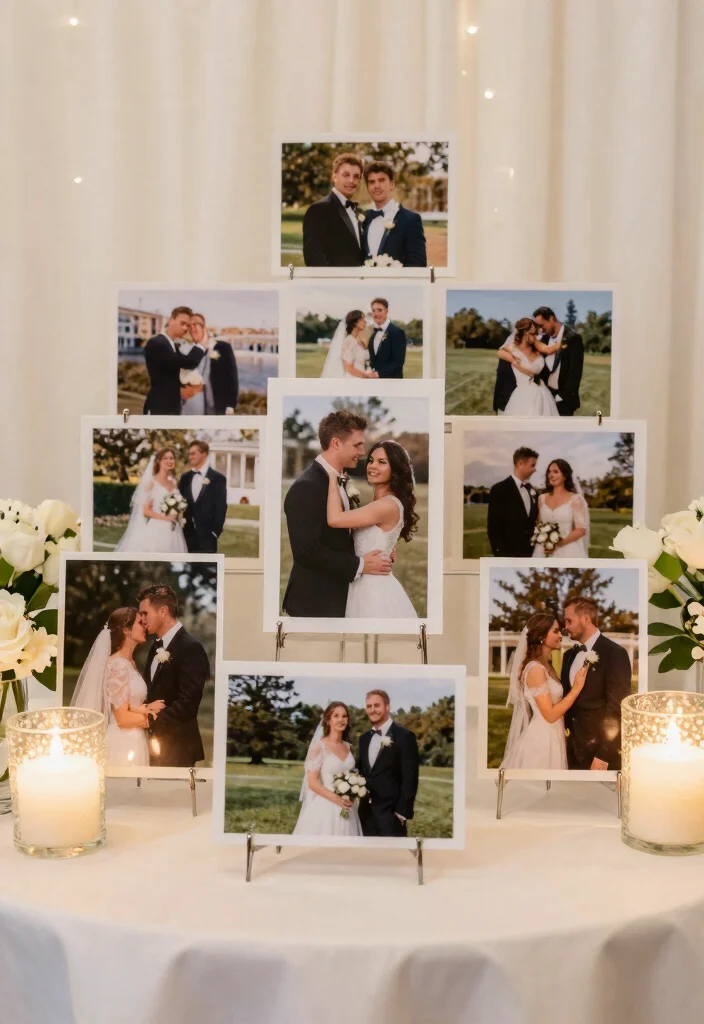 16 Wedding Photo Table Display Ideas Full of Memories - 11. Layered Photo Displays 1