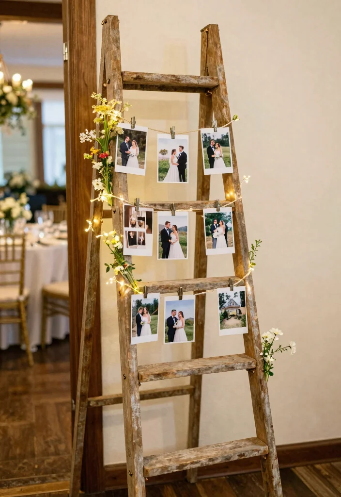 16 Wedding Photo Table Display Ideas Full of Memories - 12. Rustic Ladder Displays 1