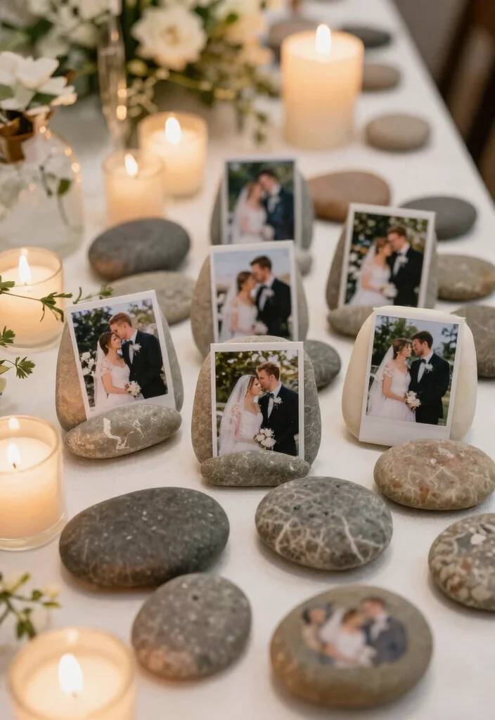 16 Wedding Photo Table Display Ideas Full of Memories - 13. Memory Stones 1