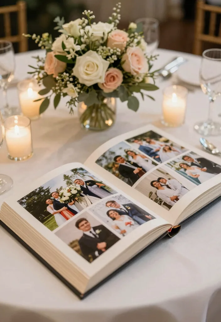 16 Wedding Photo Table Display Ideas Full of Memories - 14. Photo Album Centerpieces 1