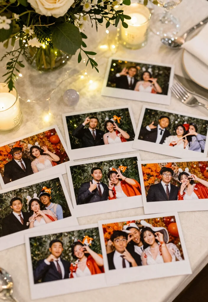 16 Wedding Photo Table Display Ideas Full of Memories - 15. Creative DIY Photo Booth Prints 1
