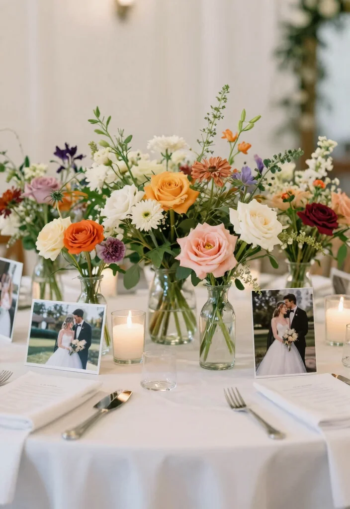 16 Wedding Photo Table Display Ideas Full of Memories - 3. Floral Moments Display 1