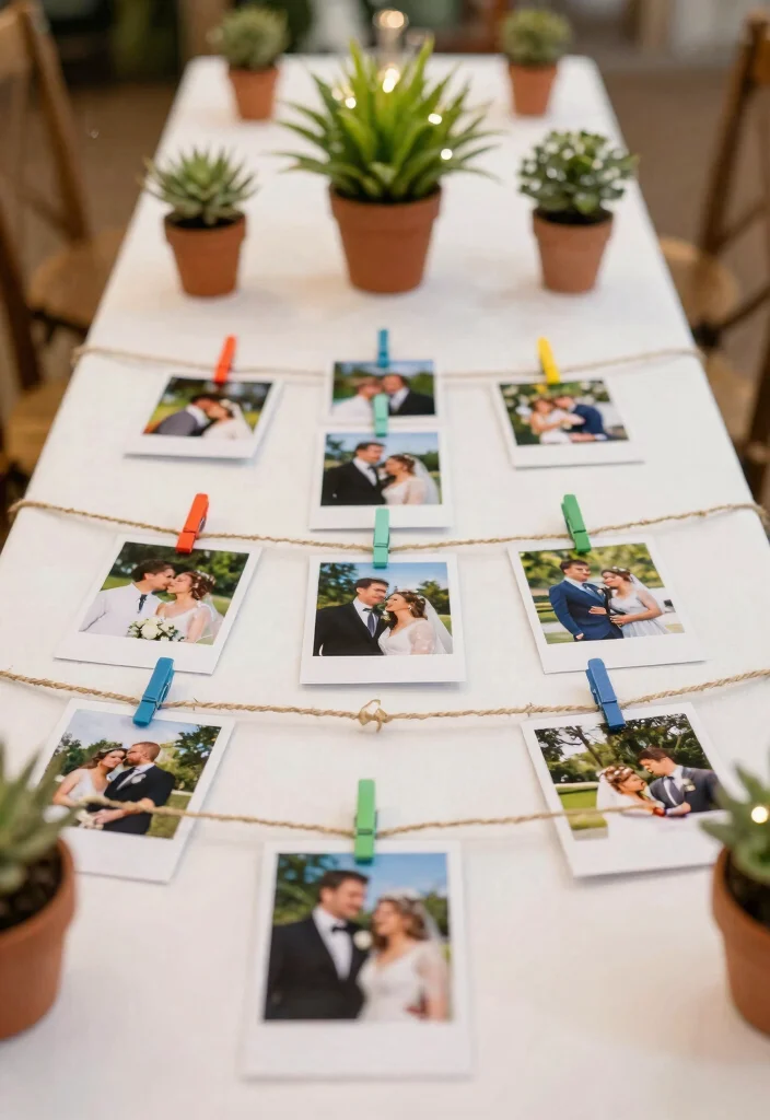 16 Wedding Photo Table Display Ideas Full of Memories - 4. String Photo Display 1