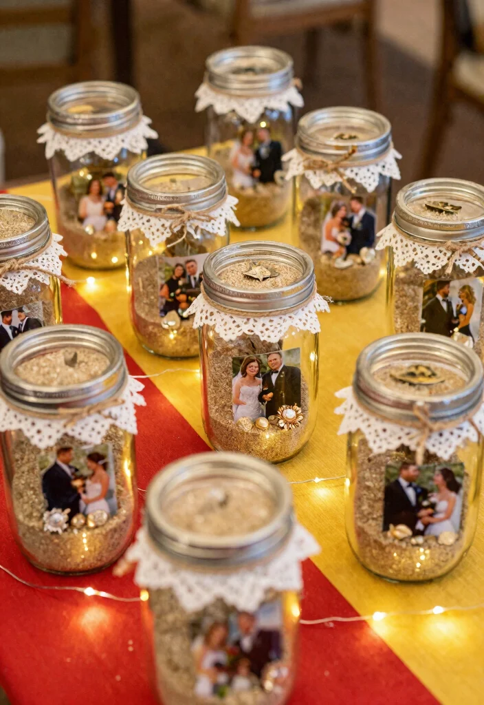 16 Wedding Photo Table Display Ideas Full of Memories - 5. Mason Jar Displays 1