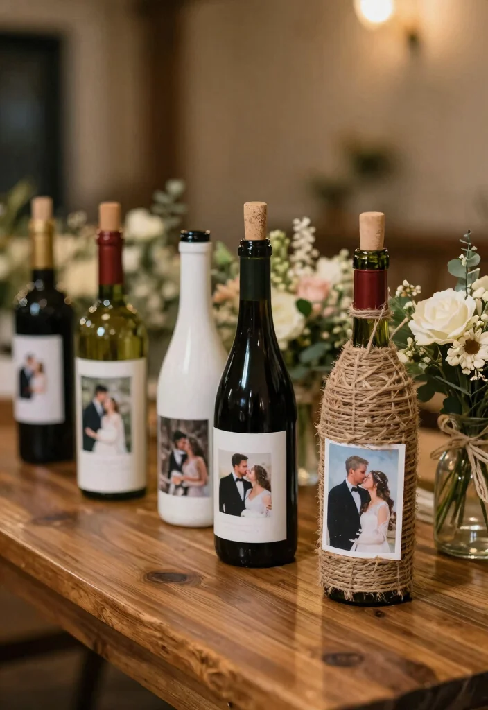 16 Wedding Photo Table Display Ideas Full of Memories - 6. Repurposed Wine Bottles 1