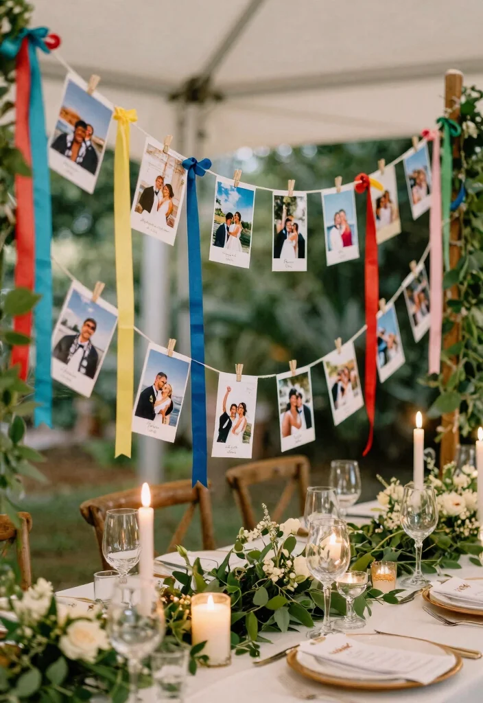 16 Wedding Photo Table Display Ideas Full of Memories - 8. Hanging Photo Garland 1