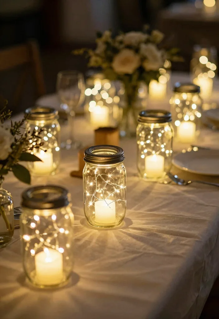 16 Wedding Table Lights Ideas That Sparkle Beautifully - 7. LED String Lights in Jars 1