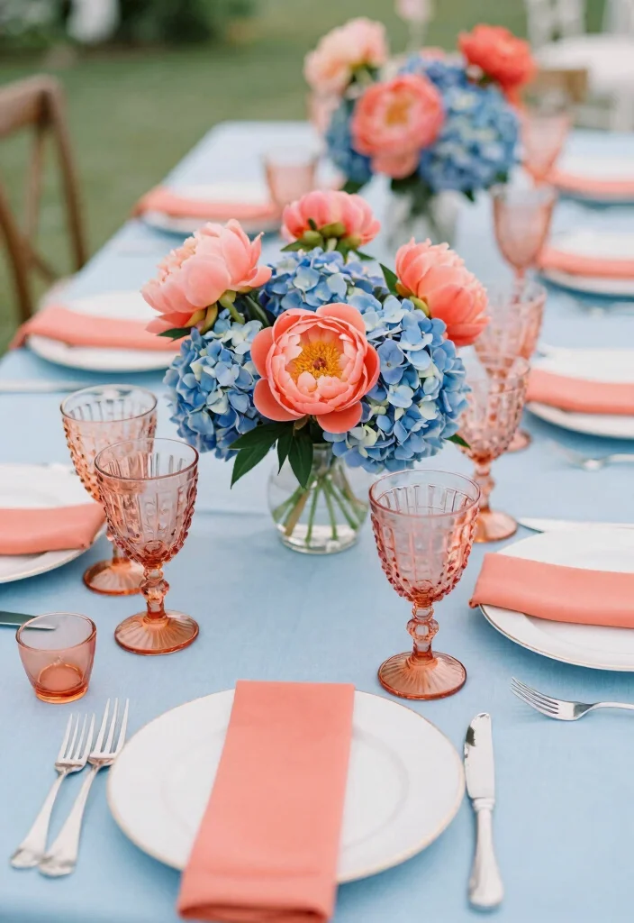 16 Wedding Table Settings Blue Ideas With Calm Elegance - 4. Light Blue & Coral 1