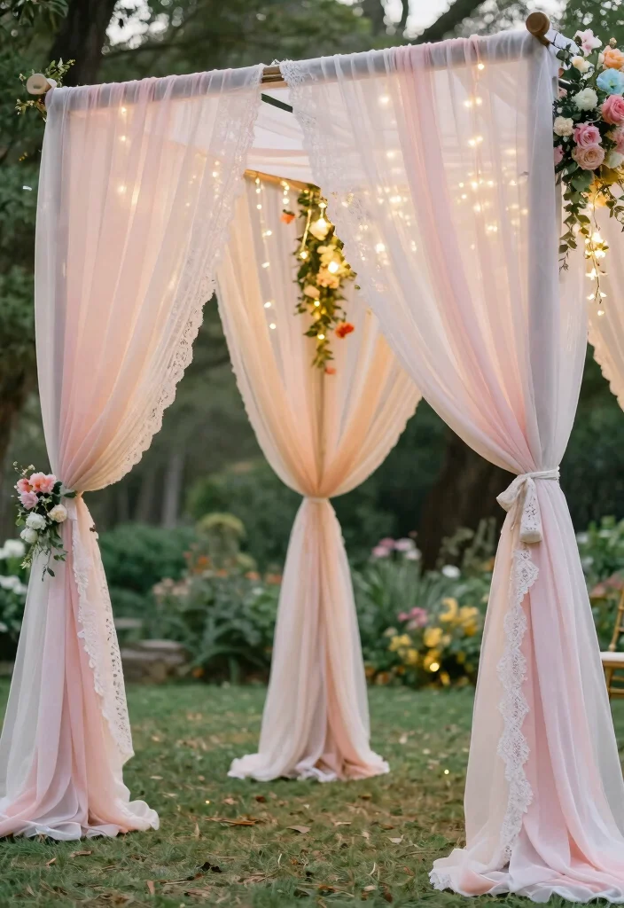 17 Arbor Decorations Wedding Ideas for a Dreamy Backdrop 14 17 Arbor Decorations Wedding Ideas for a Dreamy Backdrop - 4. Fabric-Draped Arbors 1