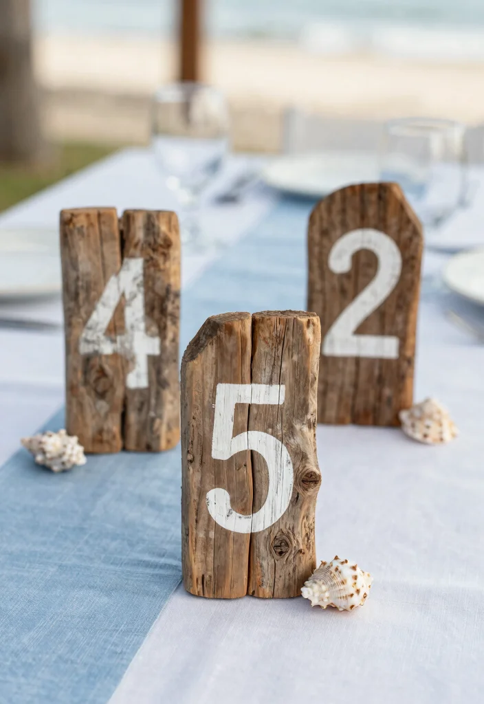 17 Beach Wedding Table Numbers Ideas With Coastal Style - 1. Driftwood Elegance 1