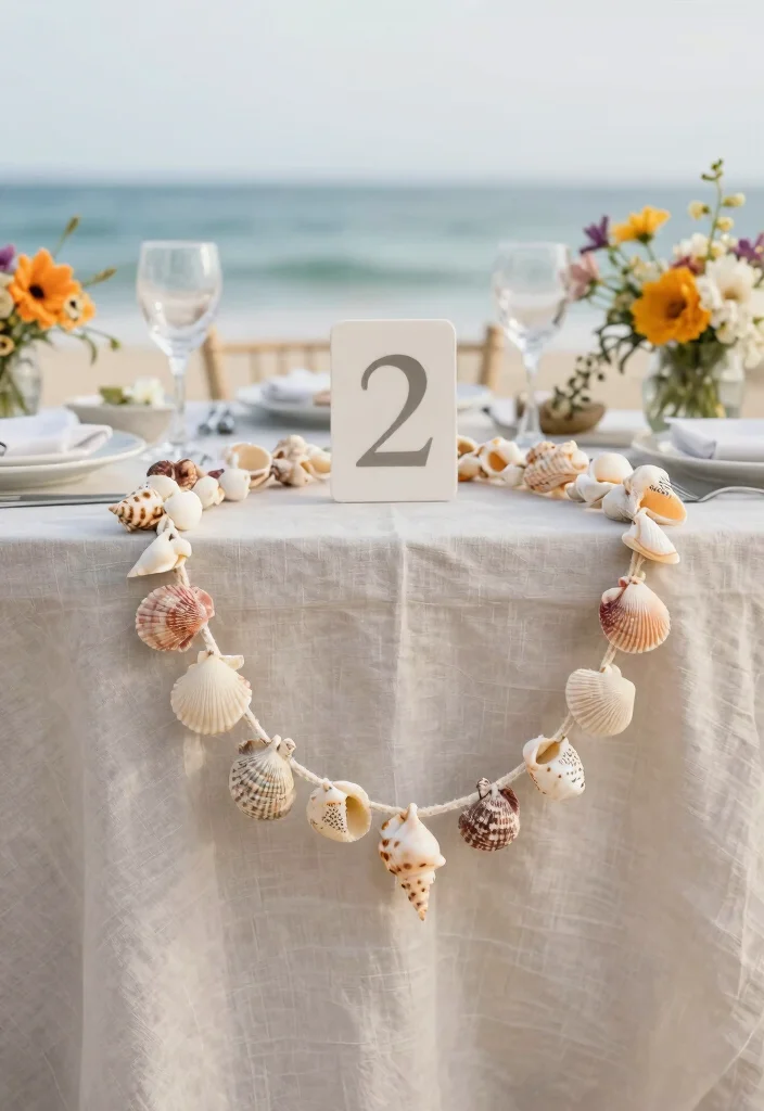 17 Beach Wedding Table Numbers Ideas With Coastal Style - 10. Seashell Garland Numbers 1