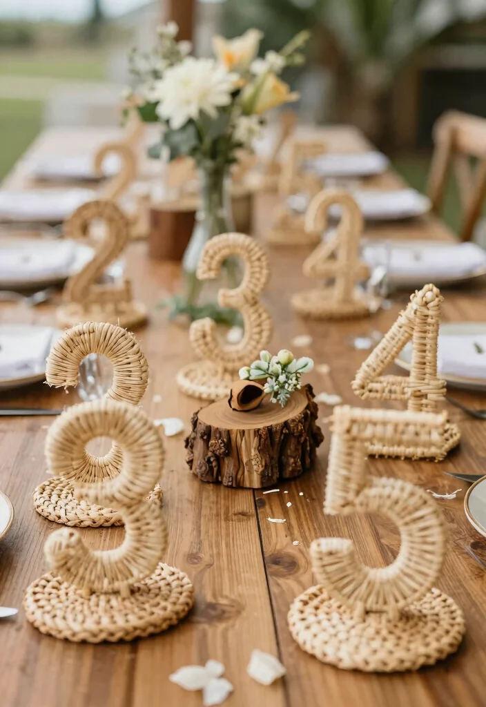 17 Beach Wedding Table Numbers Ideas With Coastal Style - 11. Woven Seagrass Table Numbers 1