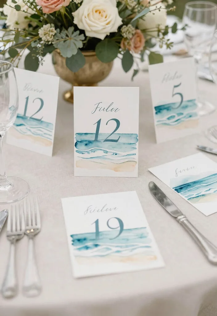 17 Beach Wedding Table Numbers Ideas With Coastal Style - 12. Watercolor Number Cards 1
