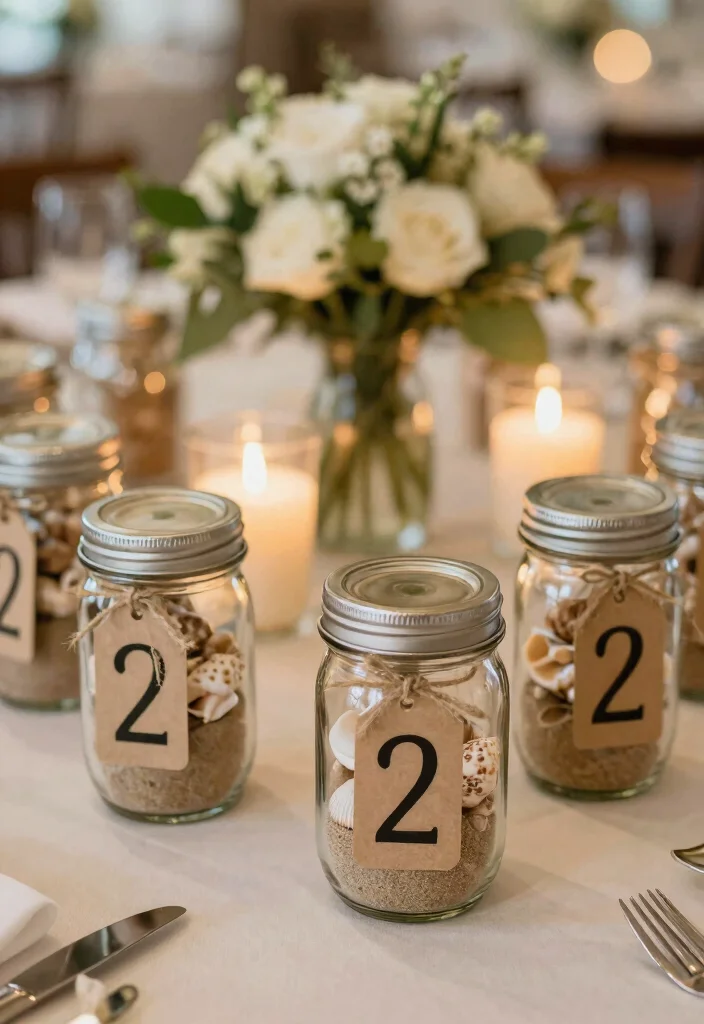 17 Beach Wedding Table Numbers Ideas With Coastal Style - 13. Rustic Mason Jars 1