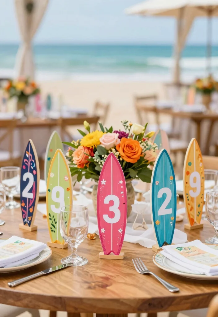 17 Beach Wedding Table Numbers Ideas With Coastal Style - 14. Surfboard Table Numbers 1